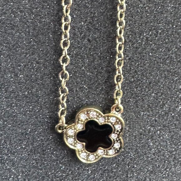 Heidi Daus Easy Black Enamel Rhinestone Flower Clover Necklace - Picture 7 of 7